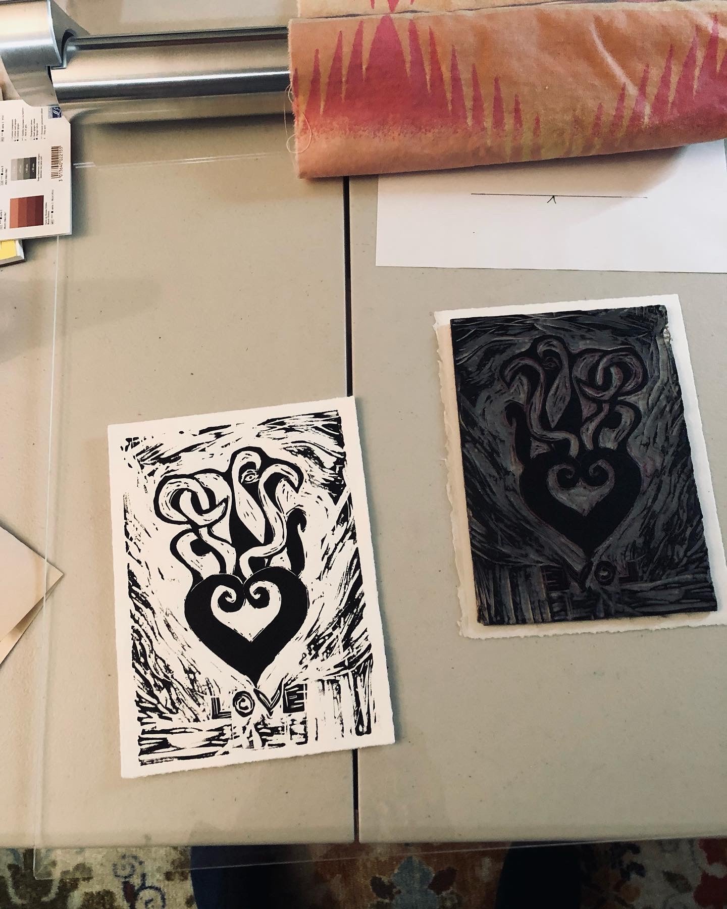 Linoleum print and inked block